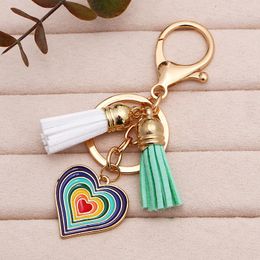 Keychains Love Heart Pendant Leather Tassel For Women Gold Plated Car Key Rings Fashion Handbag Charms Jewellery Chain