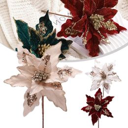 Decorative Flowers Glitter Christmas Poinsettia Flower Xmas Tree Hanging 2024 Merry Decorations For Navidad 2023 Year Decor Noel