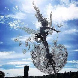 Garden Decorative Stake Fairies And Dandelions Dance Together Metal Garden Yard Art Decor Lawn Landscape Sculpture Drop Q0302L