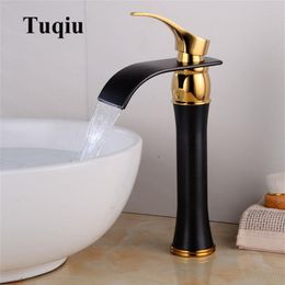 Basin Faucet Single Handle Black & Gold Brass Waterfall Basin Mixer Tap & Cold Bathroom Faucets Sink Waterfall Faucet Drain243w