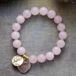 Strand Classic 10MM Beads Rose Quartzs Heart Charm Stretch Elastic Bracelet Natural Stones Teengirl Mother's Day Jewellery Wholesale