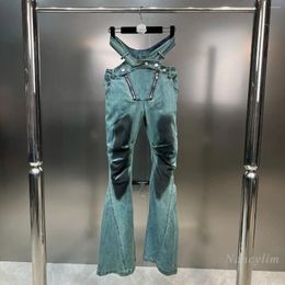 Women's Jeans Autumn 2023 Split Waist Hollow-out Multi-Buckle Zipper Women Distressed Colour Denim Girl Bootcut Trousers Y2k