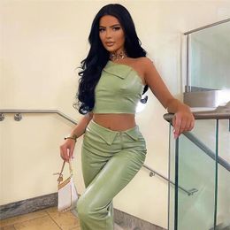 Women's Two Piece Pants Women Summer Pieces Set Solid Color PU Leather Sleeveless Tops Tight Slim Trousers SS335