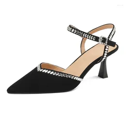 Sandals 2023 Summer Women Shoes Ladies T-strap Black Khaki Pointed Toe Stiletto Frosted Baotou Fashion