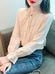 Women's Blouses Ladies Elegant Shirts Arrival 2023 Autumn Korean Style Vintage V-neck Lace Flare Sleeve Women Casual Tops W1451