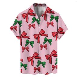 Men's Casual Shirts Christmas Blouses Funny Navidad Shirt Cartoon Tops Bow Tie Lapel-Neck Themed Printed Short-Sleeved Camisas