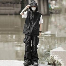 Men's Tracksuits Wide Leg Cargo Pants Two Piece Suits Fashion Hooded Sleeveless Waistcoat Sets Summer Trendy Pleated Vest Coat