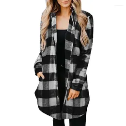 Women's Blouses Long Sleeved Casual Checker Shirt Autumn/Winter Mid Length Loose Coat Polo Collar Cardigan Top Women Streetwear S-3XL