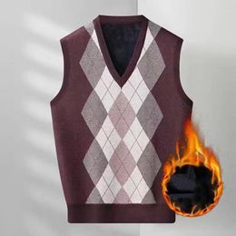 Men's Vests Men Sweater Stylish Rhombus Print V-neck Vest Warm Soft Fashionable Mid-length Knitted Pullover For Fall Winter