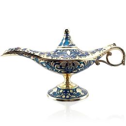 22cm Elegant Vintage Metal Carved Aladdin Lamp Light ing Tea Oil Pot Decoration Figures Saving Collection Arts Craft Gift 211029204E