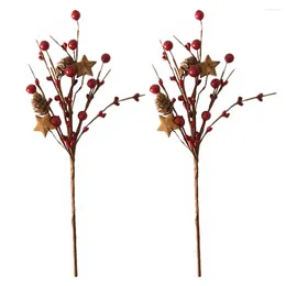 Decorative Flowers Christmas Red Berry Stems Pine Cone Picks Artificial Holly Berries Branch 2pcs Holiday Floral For DIY Crafts Xmas Tree