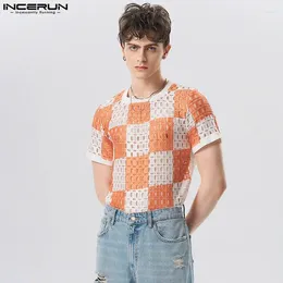 Men's T Shirts Sexy Stylish Well Fitting Tops INCERUN Men Fashion Hollow See-through Camiseta Color Block Printed Short Sleeved T-shirts