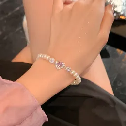 Link Bracelets Romantic Pink Zircon Stone Elegant Simulated Pearl Bracelet For Women Fashion Beads All Match Girls Hand Accessories
