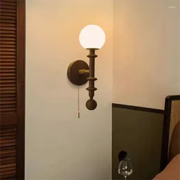 Wall Lamp Modern Retro Solid Wood Glass Ball Lampshade LED Home Decor Living Room Bedroom Interior Lighting Sconce Luminaire