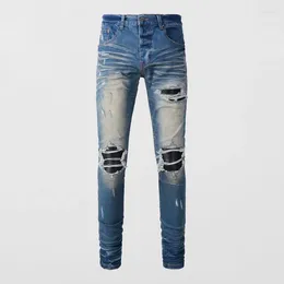 Men's Jeans Street Fashion Men Retro Washed Blue Elastic Stretch Skinny Ripped Leather Patched Designer Hip Hop Brand Pants