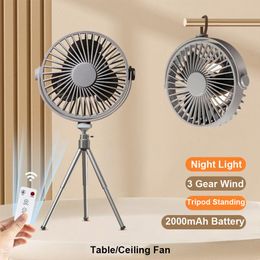 Other Home Garden Remote Control Floor Table Air Cooler Mini Portable Ceiling Fan 360° Rotation 3-speed Wind Wireless for Camping Night Light 230422