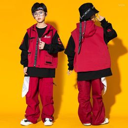 Stage Wear Children Hip Hop Costume Modern Dance Clothes Red Hooded Vest Loose Cargo Pants Girls Boys Hiphop Jazz Performance Outfit BL9488