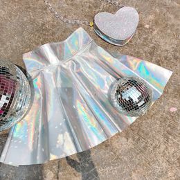 Skirts Harajuku Casual Sexy Laser Hight Waist Micro Mini Short JK Skirts Women Rainbow Holographic Pleated Skirts Women PU Solid Skirts 230422