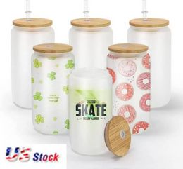 USA STOCK 16 oz Sublimation Glass Beer Mugs with Bamboo Lid Straw Tumblers DIY Blanks Frosted Clear Can Cups Heat Transfer Iced Coffee Whiskey Glasses hh0422