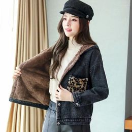 Women's Trench Coats Short Plush Denim Korean Version Slimming Splicing Casual Cotton Jacket Winter Trendy Clothing