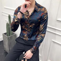 Men's Casual Shirts Animal Print Shirt Men Chemise HommeSlim Fit Long Sleeve Camisa Masculina Blue Social Club Prom 2024 Spring