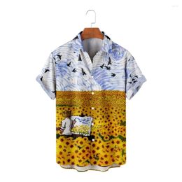 Men's Casual Shirts Oil Painting Sunflower Short Sleeve Cool Summer Tops Vintage Breathable