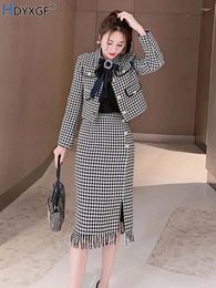 Work Dresses Autumn Dress Sets Luxury Tweed Jackets Short Black White Houndstooth Jacket Long Waist Strap Two Pieces Suits
