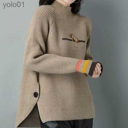 Women's Sweaters Women's Clothing Fashion Versatile 2023 Autumn and Winter New Splice Buttons Half High Collar Long Sled Solid Colour PulloverL231122