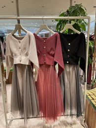 Two Piece Dress Kuzuwata Japanese Set Women 2 Pieces V Neck Solid Color Long Sleeve Single-breasted Knit Top Suithigh Waist Voile Skirt Outfits 230422