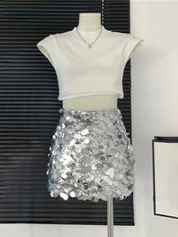 Skirts Sexy Shiny Skirts Women Mini Skirt High Waisted Club Slit Zipper Sequins A-Line Slim Y2k Skirt Girls Summer Chic Fashion 231121