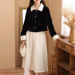 Two Piece Dress Women's 2023 Spring Autumn Fashion Lapel Velvet Short Coats Korean Elegant Elastic Waist Skirt Matching Set Suit