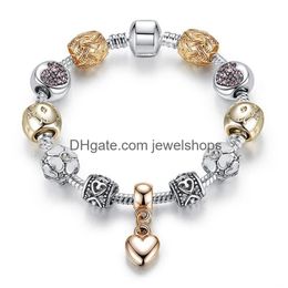 Charm Bracelets Sier Gold Plated Flower Bracelets Girls Pan Dora Design Star Love Heart Shaped Crystal Beads Charms Bangles Fashion Di Dhwaz