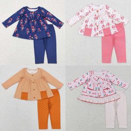 Clothing Sets Wholesale Baby Girl Christmas Long Sleeve Candy Cane Pocket Tunic Blue Leggings Kids Two Pieces Toddler Outfits