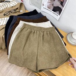 Women's Shorts Vintage Corduroy Spring Summer Casual Elastic High Waist Wide Short Pants Solid All-match Loose Woman