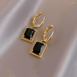 Dangle Earrings 14K Real Gold Plating Ladies Simple Black Crystal Square Pendant Daily Work Accessories