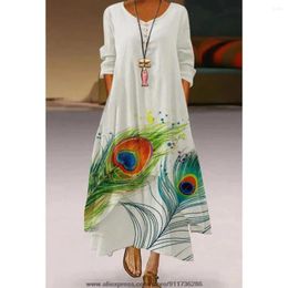 Casual Dresses 2023 Summer Peacock Feather Dress Woman Floral Print Puff Short Sleeve Women Party Long Elegant Up Sweet