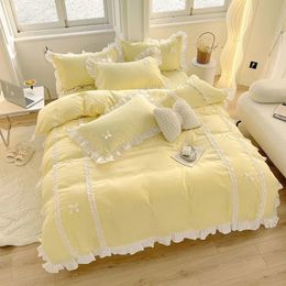 Bedding sets Korean princess style bedding lace bow down duvet cover suitable for womens bedroom Kawaii 231121