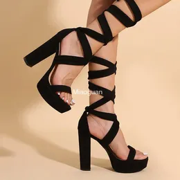 Sandals Chunky Heels Women Summer Open Toe Strappy Block Heel Night Club Party Pumps Tie Up Platform Slippers Black Ladies Shoes