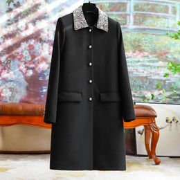 Women's Trench Coats Fashion Lapel Beaded Straight Black Medium-length Jacket 2023 Fall And Winter Personality Design Long Windbreaker