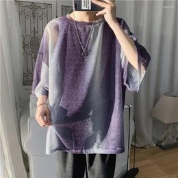 Men's T Shirts Mesh Shirt For Men Korean Fashion Loose O Neck Short-Sleeved Tops Ropa Hombre Summer Harajuku Casual Gradient Colour Camisetas