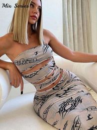 Printed Hollow Out Backless Maxi Dress Women Strapless Slim Party Club Bodycon Spring Summer Beach Vacation Streetwear