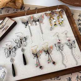 Dangle Earrings Chinese Style Water-ink Painting Butterfly Tassel For Women Girls Golden Silver Colour Delicate Ear Hook