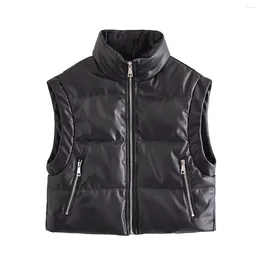 Women's Vests Women Fashion Imitation Leather Winter Thickened Short Vest Vintage Zipper Pocket All-match Casual Female Waistcoat Chic Top