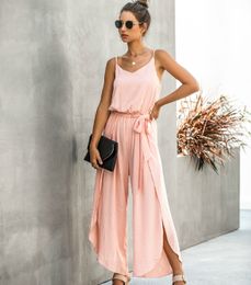 Women's Jumpsuits Rompers TEELYNN Sleeveless Summer Strap Jumpsuits Women Playsuit Boho Pink Cotton Rayon Side Split Wide Leg Jumpsuit Beach Casual Romper 230422