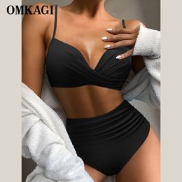 Women's Swimwear OMKAGI High Waist Bikini Sexy Swimsuit Set Solid Srting Bathing Suit Print Push Up Women 230422