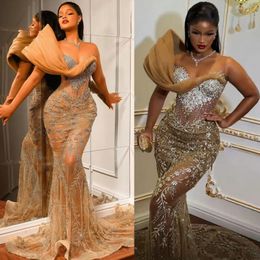 Luxurious Plus Size Aso Ebi Gold Prom Dress One Shoulder See Trough Sexy Mermaid Evening Party Birthday Black Girl's Dresses African Arabic Style Formal Gowns ST219