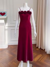 Casual Dresses YIGELILA Fashion Women Wine Red Long Dress Elegant Spaghetti Strap Party Empire Straight Satin Floor-length 67768