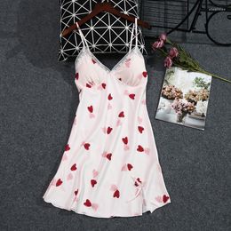 Women's Sleepwear Print Sweetheart Spaghetti Strap Nightdress Sexy Side Splite Nightgown Sweet Bow Lace Trim Satin Casual Sleep Shirt