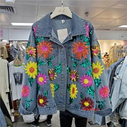 Women's Jackets Heavy Work Sequin Flowers Loose Autumn Harajuku Denim Jacket Women Vintage Blue Jeans Casual Jaqueta Feminina