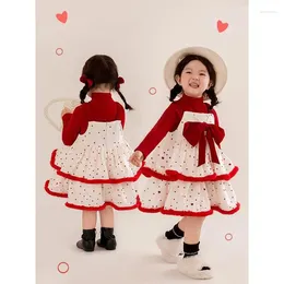 Girl Dresses 2023 Children's Set For Baby Strap Dress Red Knit Sweater 2 Pcs Kids Dot Print Sundress And Knitted Pullover Tops